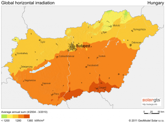 Magyarország napsugárzás térképe Forrás: Wikipedia